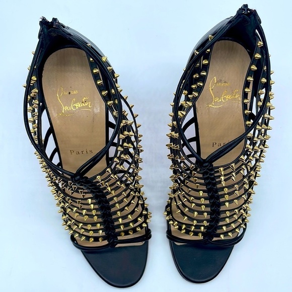 Christian Louboutin Black gold studded gladiator Milla Clou ankle heels EU 38.5 - Picture 3 of 10